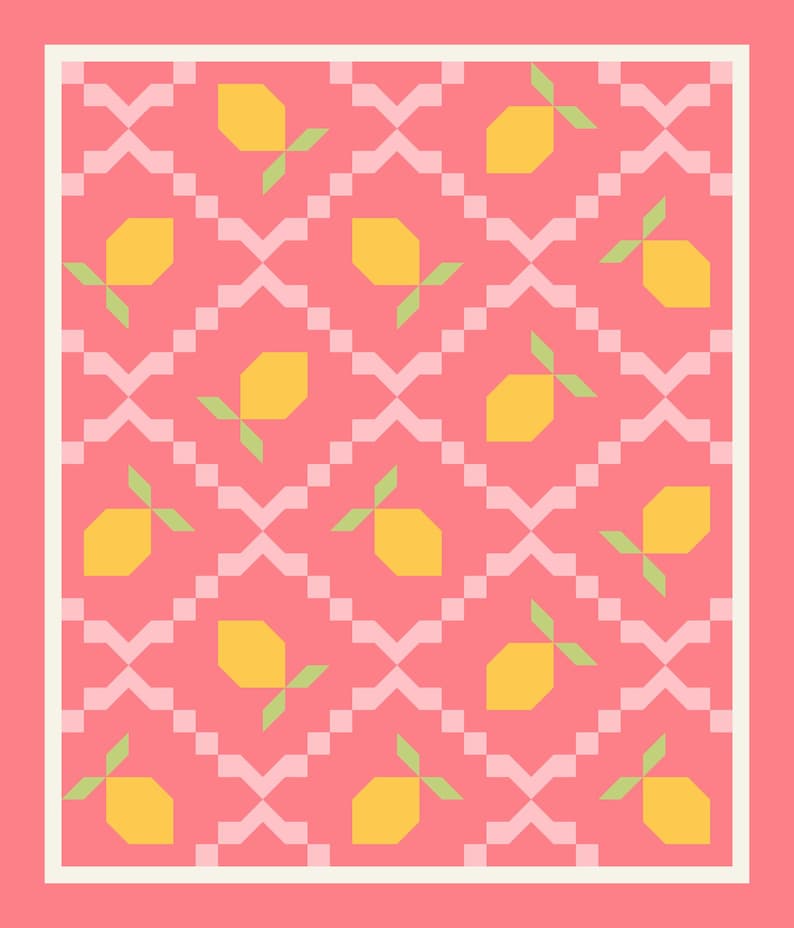 May include: A pink and white geometric pattern with yellow lemons and green leaves. The lemons are arranged in a repeating pattern.