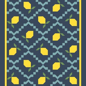 May include: A blue and yellow geometric pattern with lemons. The lemons are yellow with green leaves. The background is a dark blue with a light blue geometric pattern.