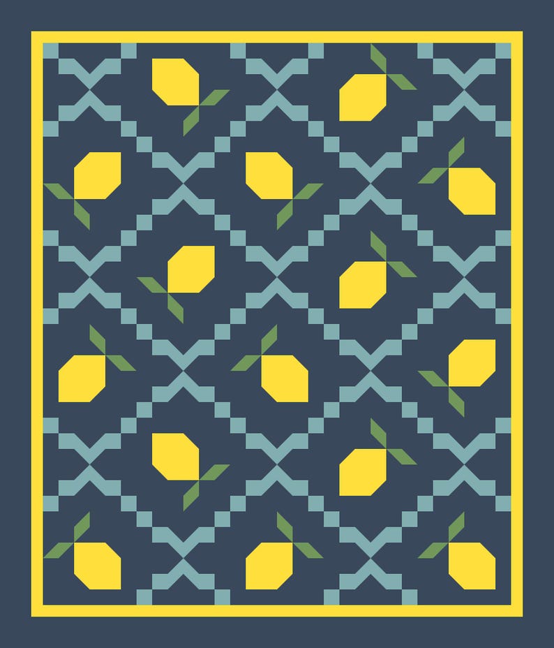 May include: A blue and yellow geometric pattern with lemons. The lemons are yellow with green leaves. The background is a dark blue with a light blue geometric pattern.