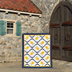 May include: A quilt with a lemon pattern in yellow, green, and white. The quilt is framed with a dark blue border and is displayed in front of a stone building with a wooden door.