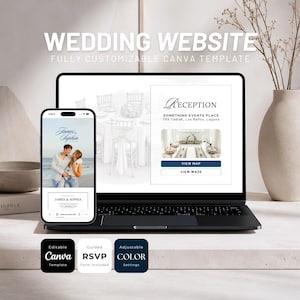 May include: A laptop and smartphone displaying a wedding website template with the text WEDDING WEBSITE FULLY CUSTOMIZABLE CANVA TEMPLATE. The screens show event details, a photo of a couple, and buttons for Editable Canva Template, Guided RSVP Form Included, and Adjustable Color Settings.