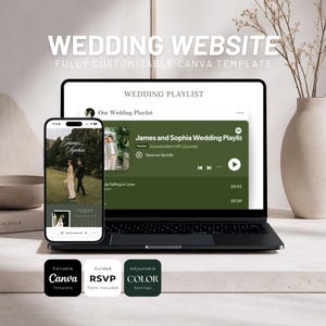 May include: A laptop and smartphone displaying a wedding website Canva template. The screens show a wedding playlist and event details. Below are three icons labeled Editable Canva Template, Guided RSVP Form Included, and Adjustable Color Settings.