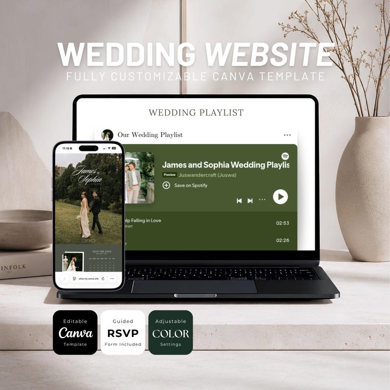 May include: A laptop and smartphone displaying a wedding website Canva template. The screens show a wedding playlist and event details. Below are three icons labeled Editable Canva Template, Guided RSVP Form Included, and Adjustable Color Settings.