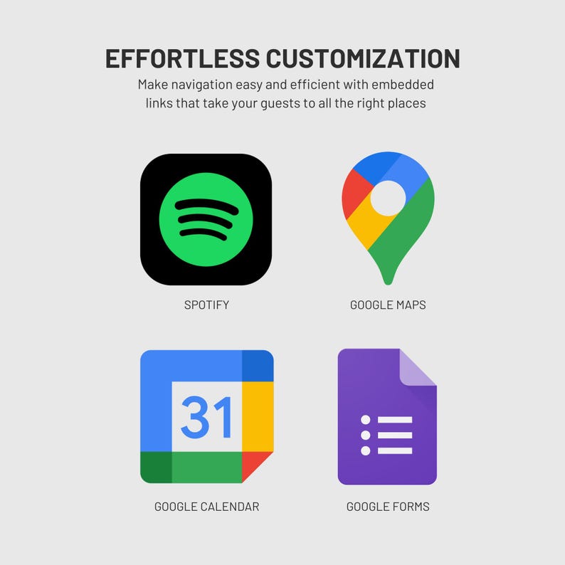 May include: A graphic featuring the text EFFORTLESS CUSTOMIZATION and Make navigation easy and efficient with embedded links that take your guests to all the right places, displaying icons for Spotify, Google Maps, Google Calendar, and Google Forms.