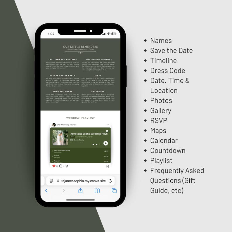 May include: A smartphone displaying a wedding website with a dark green background, featuring sections titled Our Little Reminders and Wedding Playlist. A list of features including Names, Save the Date, Timeline, Dress Code, and RSVP is shown to the right.