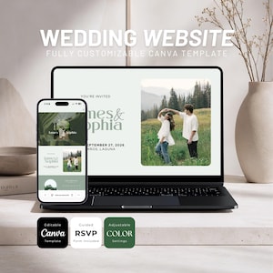 May include: A laptop and smartphone displaying a wedding website template with the text "James & Sophia" and "September 27, 2026". The screens show a photo of a couple in a field. Three small square icons below read "Editable Canva Template", "Guided RSVP Form Included", and "Adjustable Color Settings".