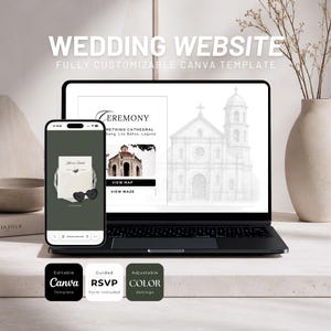 Peut inclure: Un modèle de site web de mariage Canva affiché sur un écran d'ordinateur portable et de smartphone. Les écrans présentent une page de cérémonie avec une illustration de cathédrale, des liens de carte et une invitation. Trois icônes indiquent les options.
