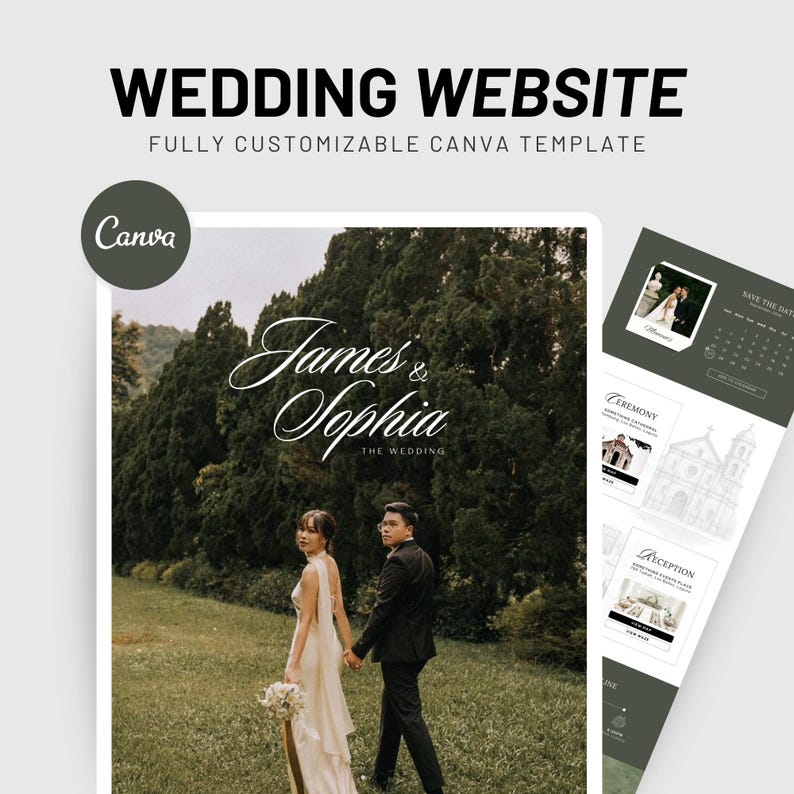 Modern wedding website template editable in Canva, featuring a clean minimalist layout with elegant typography and a timeless design. Ideal for couples creating a personalized wedding site, this digital download includes sections for love story, event details, RSVP, gallery, and more. Easy to customize colors, text, and photos to match your wedding theme. Perfect for modern, classic, or destination weddings.