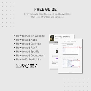 May include: A digital guide titled FREE GUIDE with instructions for creating a wedding website. It lists steps for publishing, adding maps, calendars, RSVPs, Spotify, countdowns, and links, accompanied by icons and screenshots of the process.
