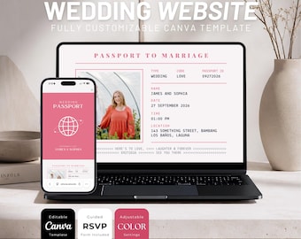 Passport Wedding Website Template: Modern Travel Theme (Canva Editable Digital Download)