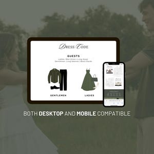 May include: A digital dress code guide featuring text that reads Dress Code, Guests, Ladies: Maxi Dress | Long Gown, Gentlemen: Long Sleeves | Black Slacks, Gentlemen, and Ladies. It displays illustrations of a shirt, slacks, shoes, a gown, and a handbag.