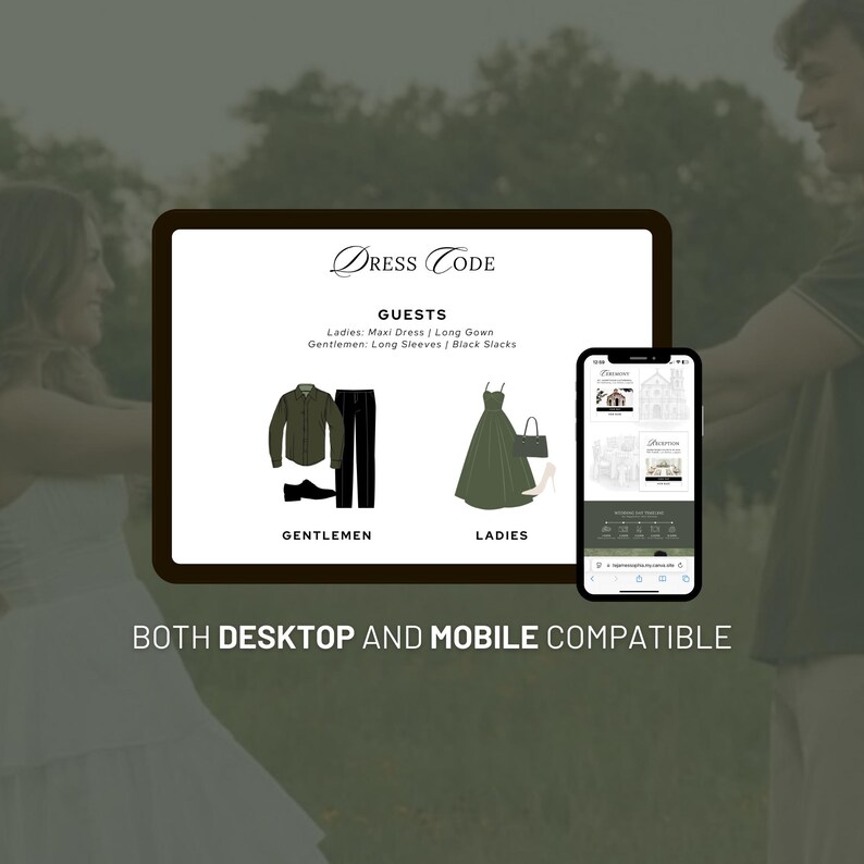 May include: A digital dress code guide featuring text that reads Dress Code, Guests, Ladies: Maxi Dress | Long Gown, Gentlemen: Long Sleeves | Black Slacks, Gentlemen, and Ladies. It displays illustrations of a shirt, slacks, shoes, a gown, and a handbag.