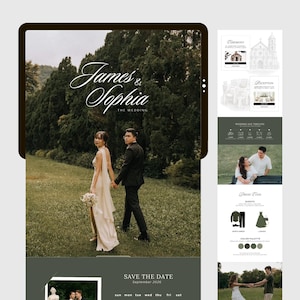 Modern wedding website template editable in Canva, featuring a clean minimalist layout with elegant typography and a timeless design. Ideal for couples creating a personalized wedding site, this digital download includes sections for love story, event details, RSVP, gallery, and more. Easy to customize colors, text, and photos to match your wedding theme. Perfect for modern, classic, or destination weddings.