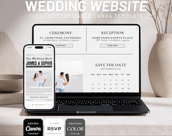 Op de afbeelding: Een laptop en smartphone tonen een trouwwebsite-sjabloon met secties voor ceremonie, receptie en een save-the-date kalender. Het scherm toont tekst waaronder The Wedding Post, James & Sophia en trouwdetails. Drie kleine vierkante iconen eronder vermelden Editable Canva Template, Guided RSVP Form Included en Adjustable Color Settings.