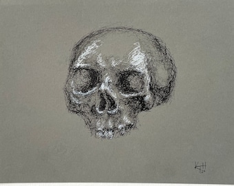Dödskalleteckning med penna och bläck, originalkonstverk: memento mori goth art