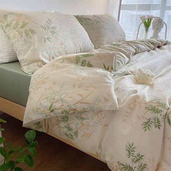 Farmhouse Botanical Plant Duvet Cover Set | Green Gold Leaves Bedding Set | Garden Floral Cotton Comforter Quilt Cover Set | Twin Queen Size
