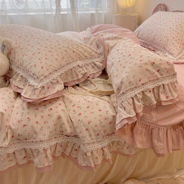 Cottagecore Pink Floral Double Layer Ruffle Duvet Cover Set | Aesthetic Girlish Lace Bedding Set | Princess Full Comforter Quilt Bed Cover