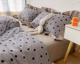 Polka Dot Twin Duvet Cover Set | Soft Cotton Minimalist Queen Bedding Set | Black Dots On Gray Comforter Quilt Cover Set | Ruffle Pillowcase