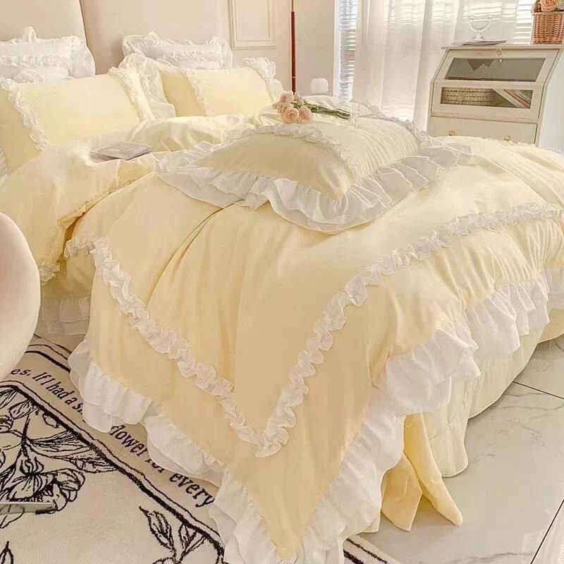 Ensemble de housse de couette en coton à volants jaune pour bébé