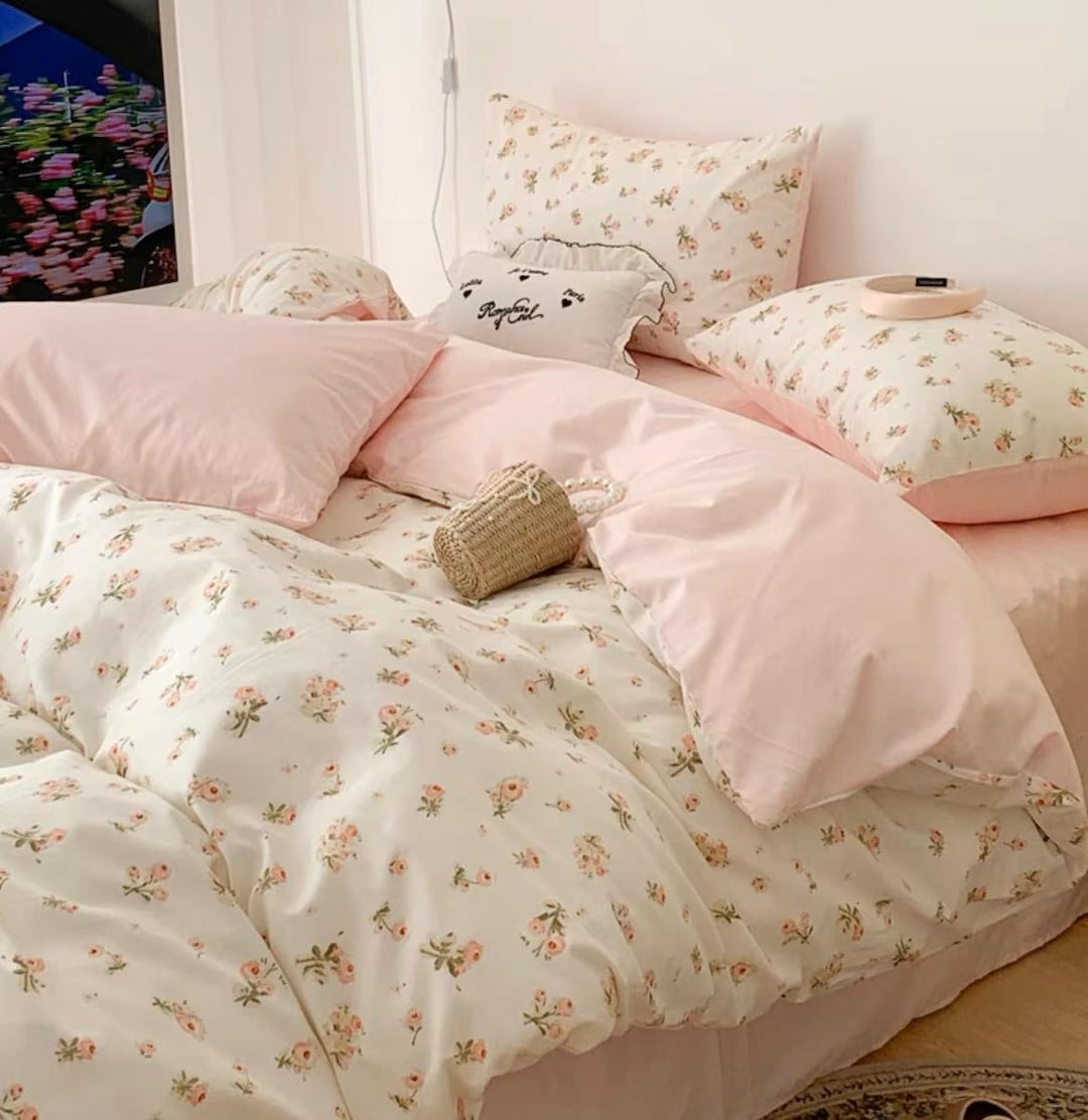 Pink White Girl Princess Duvet Cover Set Cottagecore Floral Bedding Set ...