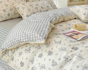 Blue Floral Cotton Duvet Cover Set | Gingham Lace Jacquard Princess Bedding Set | Vintage Cottagecore Full Queen King Comforter Quilt Cover