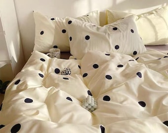 Polka Dot Twin Duvet Cover Set | Soft Cotton Minimalist Queen Bedding Set | Black Dots On White Comforter Quilt Cover | Modern Circles Print