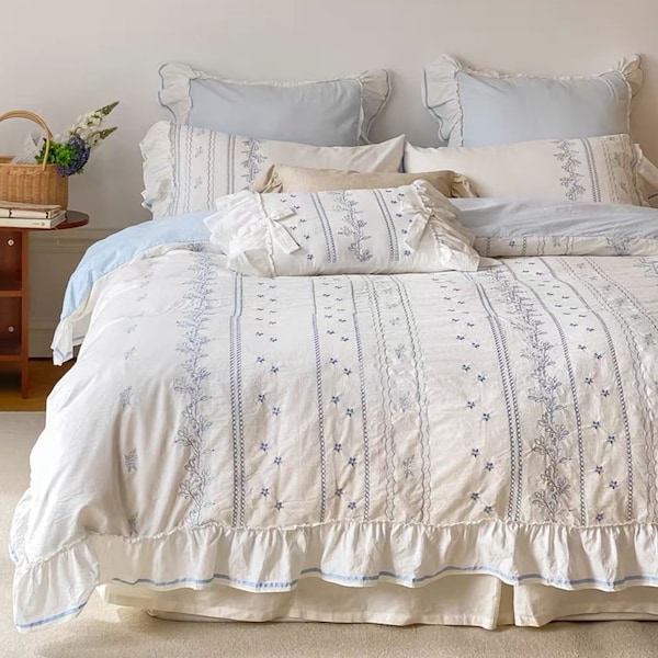 French Floral Print Lace Cotton Duvet Cover