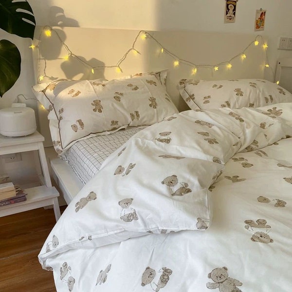 Brown Teddy Bear King Queen Duvet Cover Set | Soft Cotton Minimalist White Bedding Set | Cute Animal Comforter Quilt Cover Teens Kids Bed Se