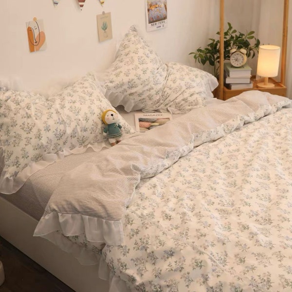 White Bohemian Floral Ruffle Duvet Cover Set | Seersucker Stripes Girl Princess Dorm Bedding Set | Full Queen King Cotton Duvet Quilt Cover