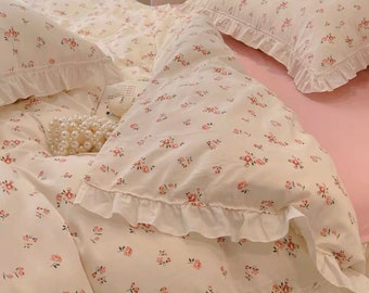 Ensemble de housse de couette en coton rose à volants floraux | Literie de dortoir princesse petites fleurs pour filles | Literie Coquette | Housse de couette pleine reine