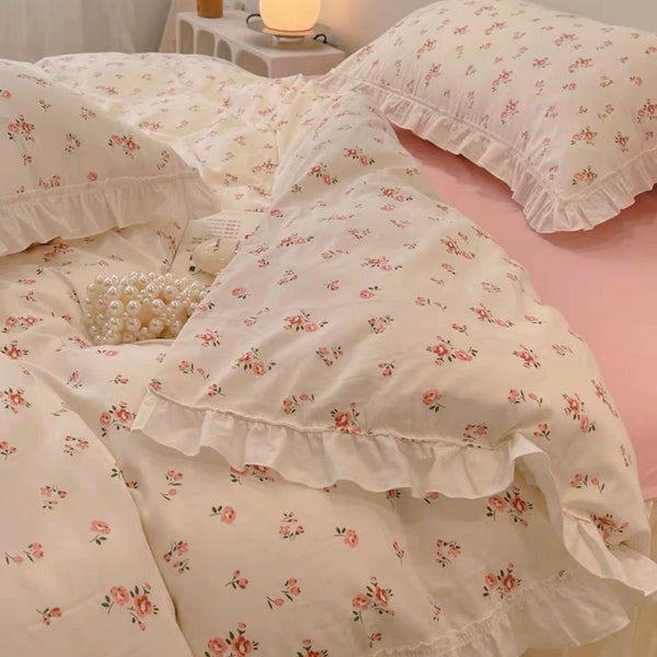 Pink Floral Ruffle Cotton Duvet Cover Set | Small Flowers Girls Princess Dorm Bedding | Coquette Bedding | Full Queen Comforter Quilt Cover