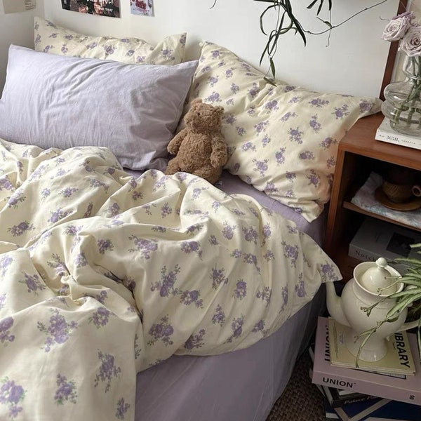 Lavender Rose Cotton Duvet Cover Set | Shabby Chic Purple Floral Bedding Set | Cottagecore Decor | Full Queen Comforter Quilt Bed Cover
