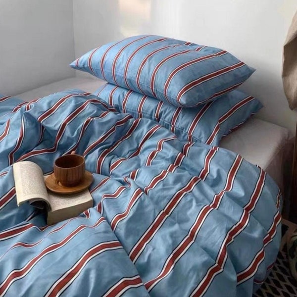 Bold Vertical Stripes Blue Duvet Cover Set | Simple Classic Soft Cotton Bedding Set | Full Queen Comforter Quilt Bed Cover | Dorm Bedding