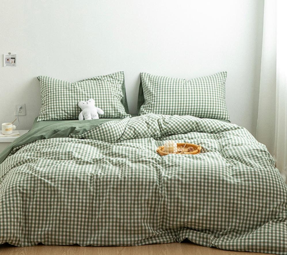 Cute Sage Green Bedding Set Gingham Checkered Bedsheet, Kawaii Dorm Be