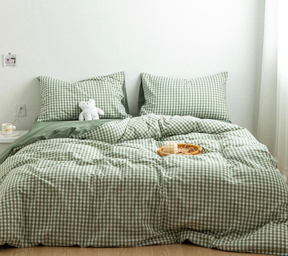 Gingham Checkered Green Duvet Cover Set Soft Cotton Bedding Etsy