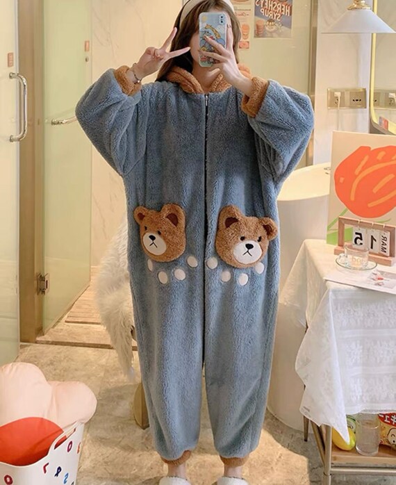 Super Soft Thick Hooded One Piece Pajamas Warm Cozy Fleece Adult Homewear  Fluffy Oversized Velvet Zipper Sleepwear Cute Animal Costume 