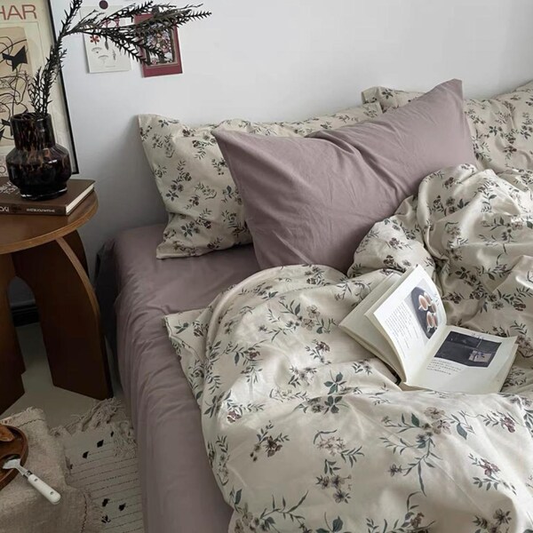 Dusty Lavender Purple Cotton Duvet Cover Set | Cottage Gentle Floral Bedding Set | Full Queen Comforter Quilt Bed Cover | Girls Dorm Bedding