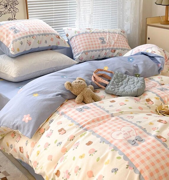 Pink Teddy Bear Pattern Aesthetic Kawaii Cute Cotton Bedding Duvet