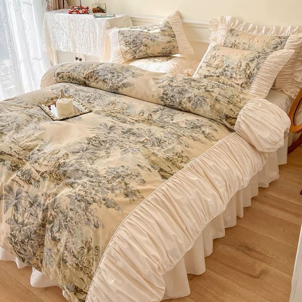 Elegantes Vintage-Bettbezug-Set aus Baumwolle mit plissierter Spitze | Viktorianisches Frühlings-Kunstdruck-Rüschen-Bettwäsche-Set | Vollständige Queen-Size-Bettdecke
