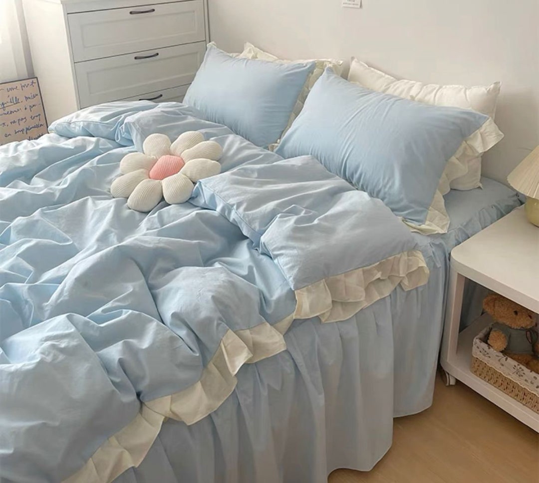 Baby Blue Ruffle Duvet Cover Set Princess Style 4piece Solid Bedding