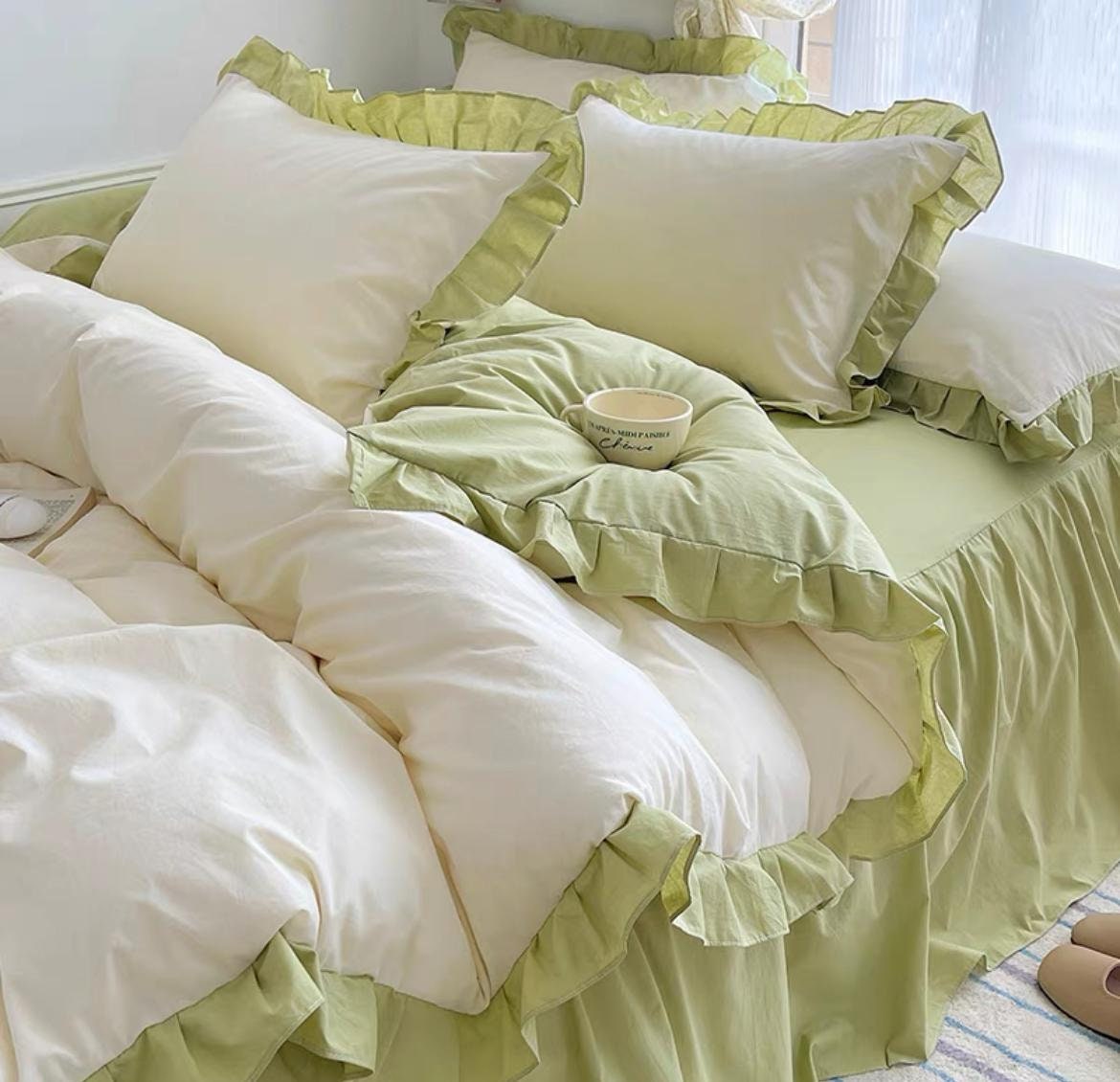 Ensemble de housse de couette en coton à volants bicolore Ensemble de