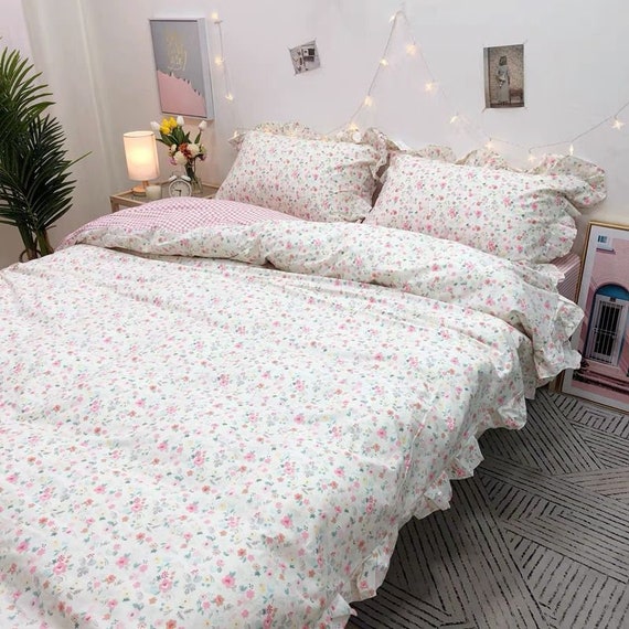 Small Meadow Flower White Duvet Cover Set Girls Women Ruffle - Etsy