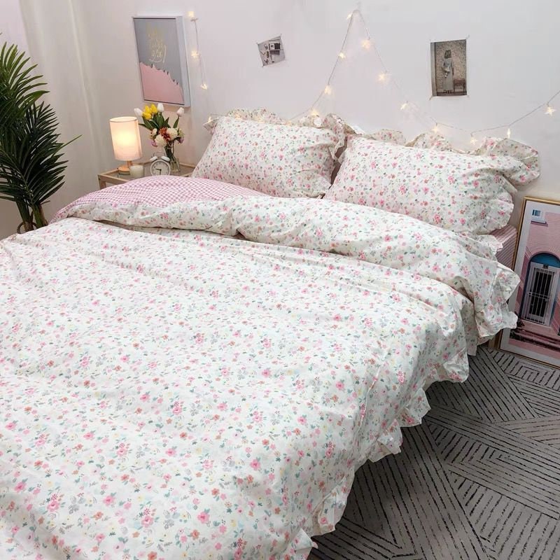 Solo Pink Floral Cotton Duvet Cover Bedding Set - Super King Size