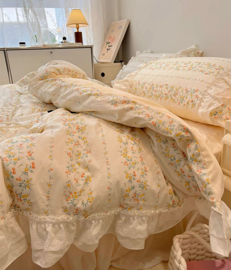 Romantic Farmhouse Ruffle Duvet Cover Set Lovely Floral Double Layer