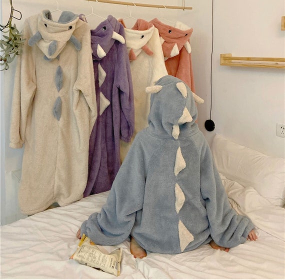 Super Soft One Piece Dinosaur Hoodie Pajamas Warm Comfy Fleece Adults  Sleepwear Cozy Velvet Zipper Homewear Thick Cute Animal Costume 
