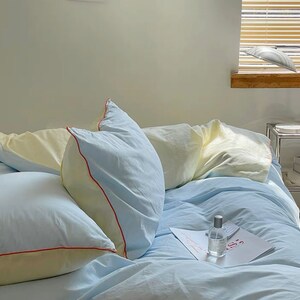 Solid Color 4-Piece Cotton Duvet Cover Set Light Blue and Yellow with Orange Piping Edge Reversible Bedding Set Full Queen Quilt Cover image 3