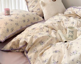 Gentle Purple Floral Duvet Cover Set | Rustic Flowers Girls Dorm Bedding Set | Cute Cottagecore Decor | Full Queen Comforter Quilt Bed Cover