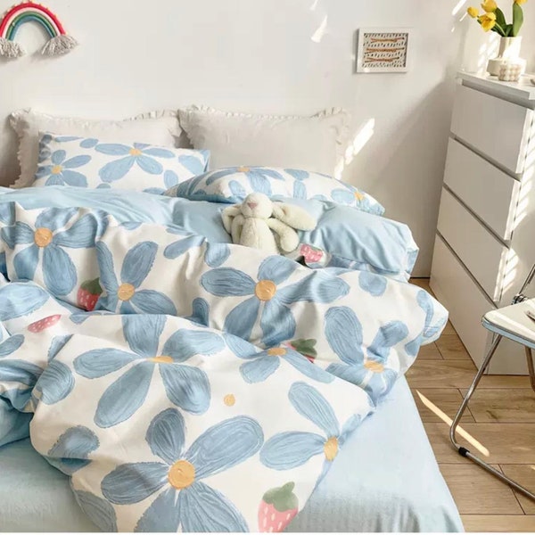 Blue Flower Duvet Cover Set | King Queen Size Cotton Bedding Set | Soft Cotton Cover Set | Botanical Fruit Bedding | Sketch Floral Cover Set