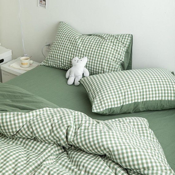 Gingham Checkered Green Duvet Cover Set Soft Cotton Bedding Set