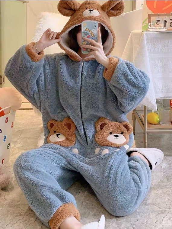 Super Soft Thick Hooded One Piece Pajamas Warm Cozy Fleece Adult Homewear  Fluffy Oversized Velvet Zipper Sleepwear Cute Animal Costume 